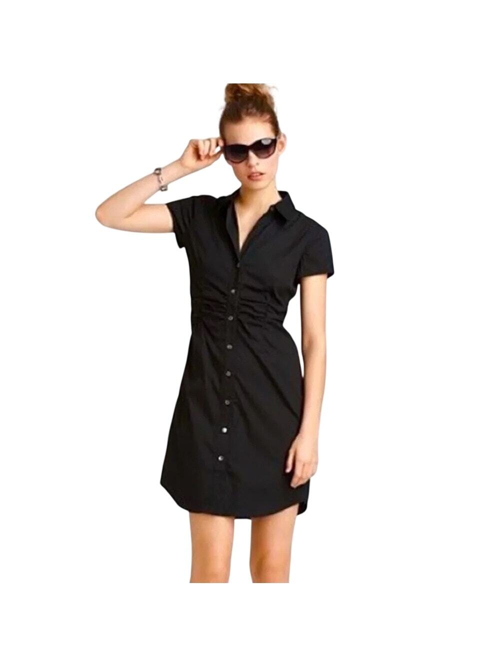 Theory Black Shirtdress Size 4 Cotton Stretch Cinched Short Sleeve Mini
